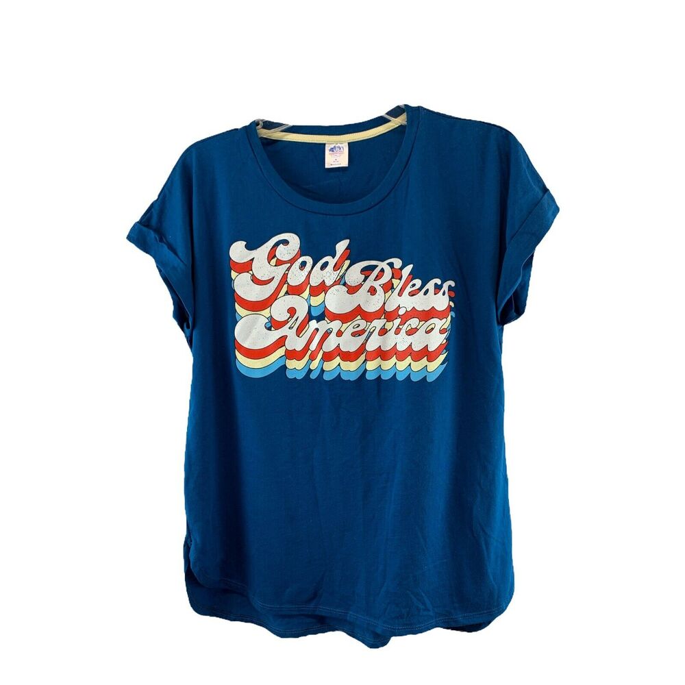 Womens T-Shirt Size Medium Blue God Bless America Graphic Shirt Made in the USA